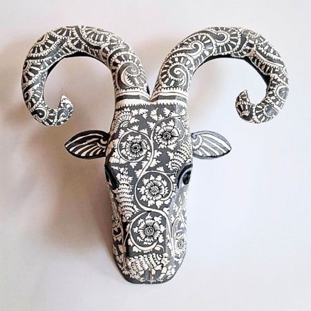 Grey Ram Head Handcrafted Wooden Wall Art